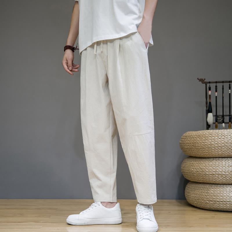 Pantaloni da uomo in cotone e lino con coulisse, con tasche, modello affusolato, casual, colore puro, motivo Buddha Stones - Beige - US/UK/AU46, EU56 (5XL) - image 15