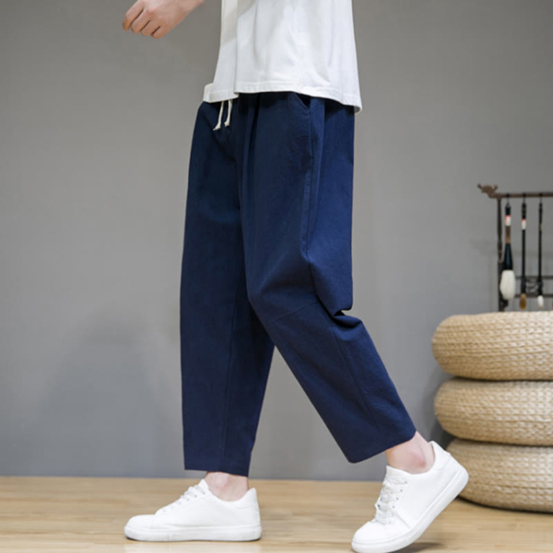Pantaloni da uomo in cotone e lino con coulisse, con tasche, modello affusolato, casual, colore puro, motivo Buddha Stones - image 9