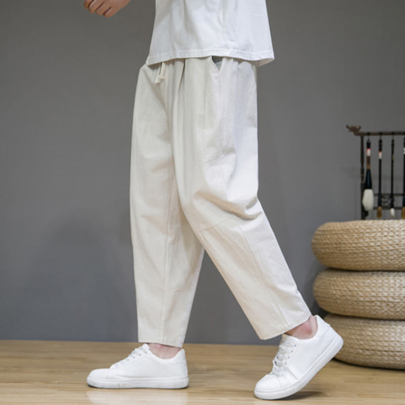 Pantaloni da uomo in cotone e lino con coulisse, con tasche, modello affusolato, casual, colore puro, motivo Buddha Stones - image 16