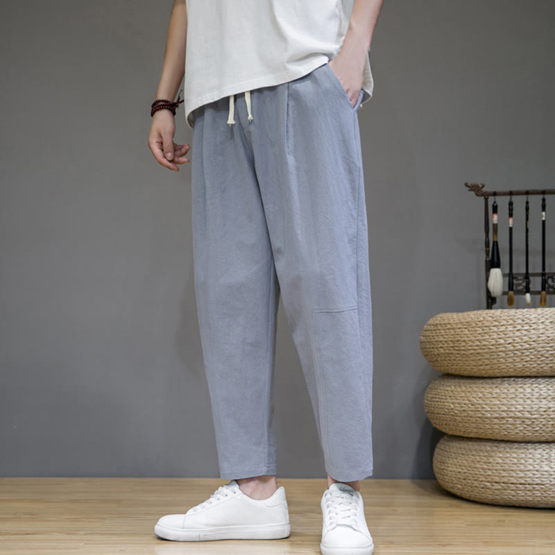 Pantaloni da uomo in cotone e lino con coulisse, con tasche, modello affusolato, casual, colore puro, motivo Buddha Stones - BluAcciaioChiaro - US/UK/AU46, EU56 (5XL) - image 19