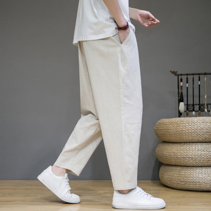 Pantaloni da uomo in cotone e lino con coulisse, con tasche, modello affusolato, casual, colore puro, motivo Buddha Stones - image 17