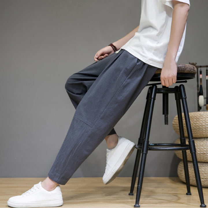 Pantaloni da uomo in cotone e lino con coulisse, con tasche, modello affusolato, casual, colore puro, motivo Buddha Stones - image 14