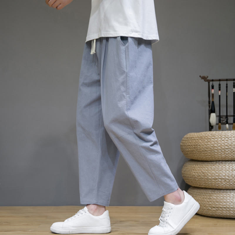 Pantaloni da uomo in cotone e lino con coulisse, con tasche, modello affusolato, casual, colore puro, motivo Buddha Stones - image 20