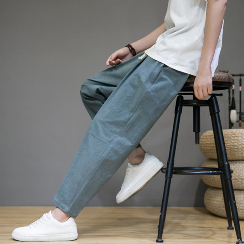 Pantaloni da uomo in cotone e lino con coulisse, con tasche, modello affusolato, casual, colore puro, motivo Buddha Stones - image 3