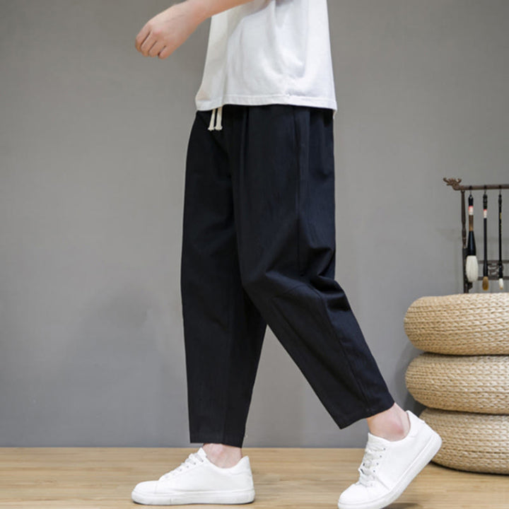 Pantaloni da uomo in cotone e lino con coulisse, con tasche, modello affusolato, casual, colore puro, motivo Buddha Stones - image 5
