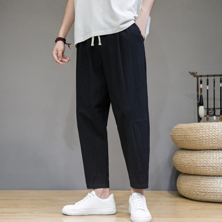 Pantaloni da uomo in cotone e lino con coulisse, con tasche, modello affusolato, casual, colore puro, motivo Buddha Stones - Nero - US/UK/AU46, EU56 (5XL) - image 4