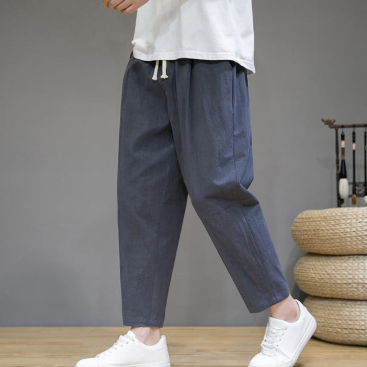 Pantaloni da uomo in cotone e lino con coulisse, con tasche, modello affusolato, casual, colore puro, motivo Buddha Stones - image 13