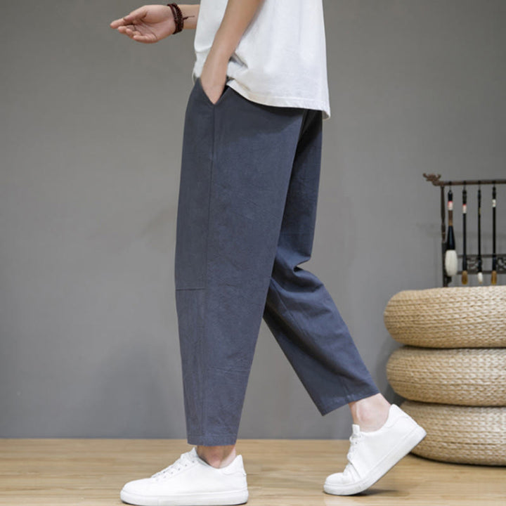 Pantaloni da uomo in cotone e lino con coulisse, con tasche, modello affusolato, casual, colore puro, motivo Buddha Stones - Grigio ardesia - US/UK/AU46, EU56 (5XL) - image 11