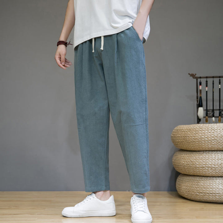 Pantaloni da uomo in cotone e lino con coulisse, con tasche, modello affusolato, casual, colore puro, motivo Buddha Stones - VerdeMare Chiaro - US/UK/AU46, EU56 (5XL) - image 1