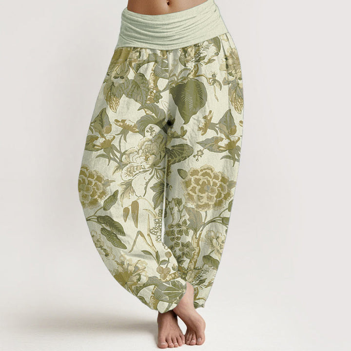 Pantaloni harem da donna con elastico in vita, in puro cotone, con motivo a foglie di loto e peonie, motivo Buddha Stones - Beige - US22, UK/AU26, EU54 (6XL) - image 9