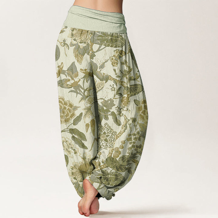Pantaloni harem da donna con elastico in vita, in puro cotone, con motivo a foglie di loto e peonie, motivo Buddha Stones - image 10