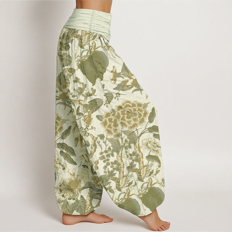 Pantaloni harem da donna con elastico in vita, in puro cotone, con motivo a foglie di loto e peonie, motivo Buddha Stones - image 10