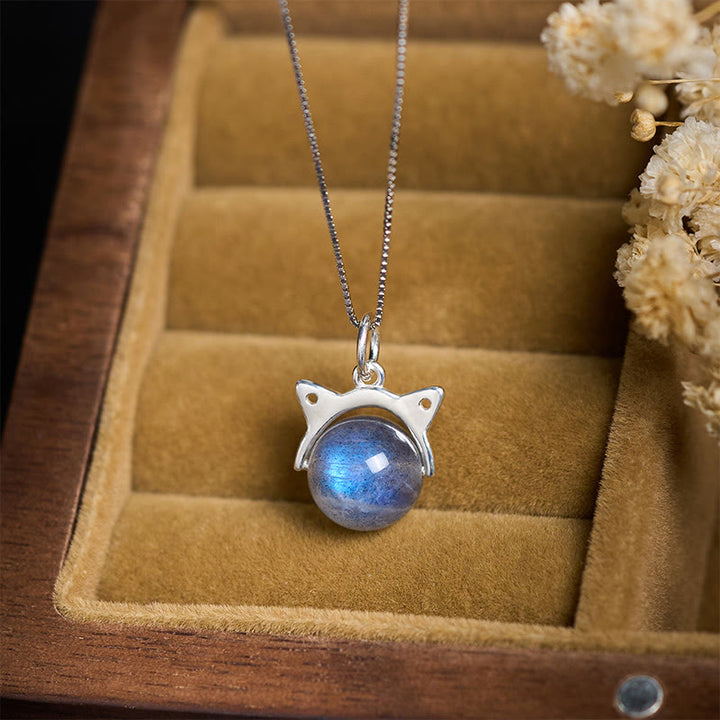 Collana con ciondolo a forma di gatto in argento sterling 925 con pietra di luna e pietre Buddha Stones - image 1