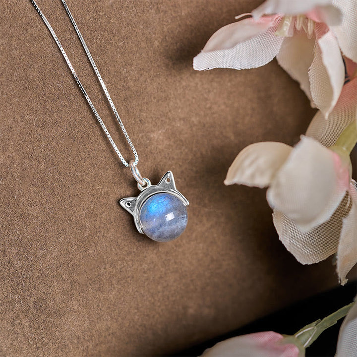 Collana con ciondolo a forma di gatto in argento sterling 925 con pietra di luna e pietre Buddha Stones - image 2
