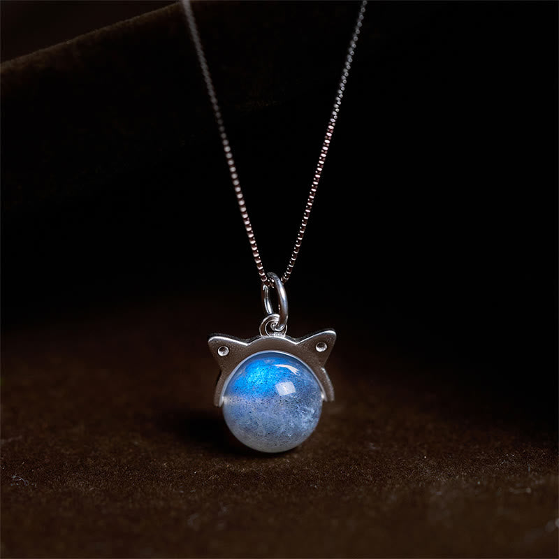 Collana con ciondolo a forma di gatto in argento sterling 925 con pietra di luna e pietre Buddha Stones - Catena da 10 mm + 0,8 mm - image 0
