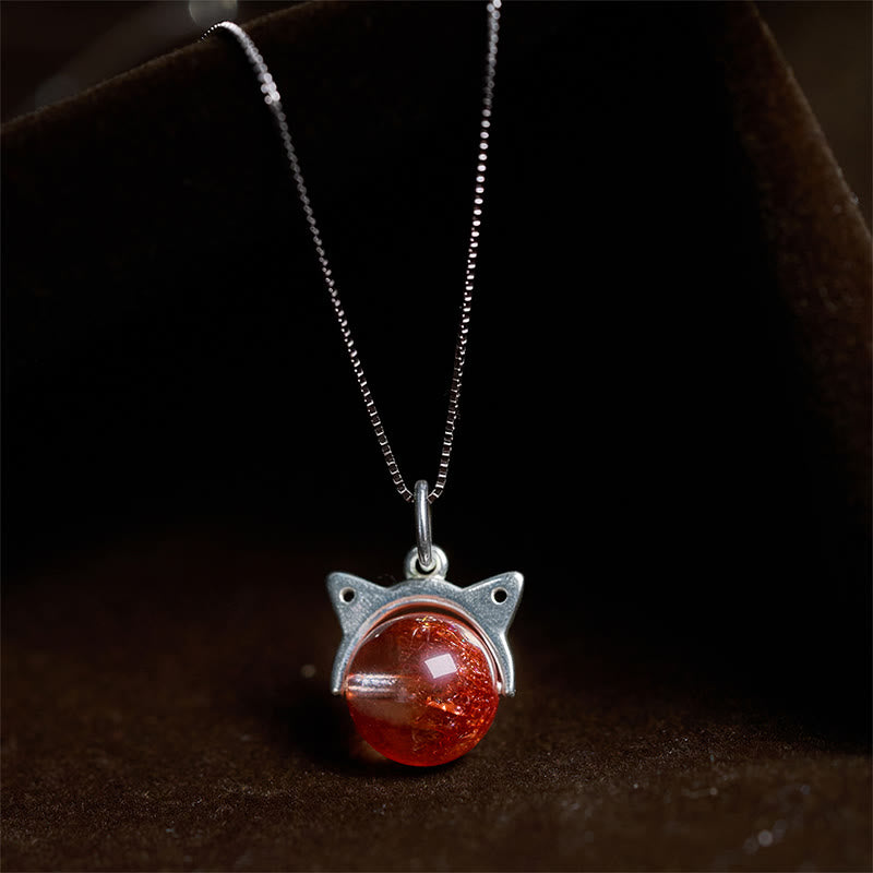 Collana con ciondolo a forma di gatto in argento sterling 925 con cristalli rossi naturali Super Seven Buddha Stones - Catena da 10 mm + 0,8 mm - image 0