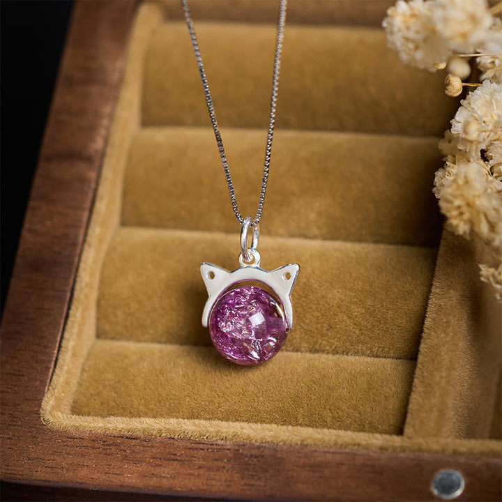 Collana con ciondolo a forma di gatto con cristalli Super Seven Fireworks in argento sterling 925 , Buddha Stones, colore viola chiaro naturale - image 1