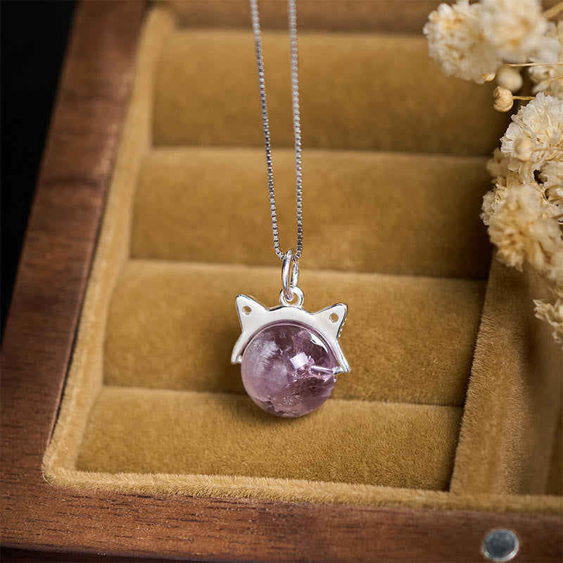 Collana con ciondolo a forma di gatto positivo in argento sterling 925 con ametista arcobaleno naturale Buddha Stones - image 1