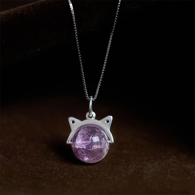 Collana con ciondolo a forma di gatto positivo in argento sterling 925 con ametista arcobaleno naturale Buddha Stones - Catena da 10 mm + 0,8 mm - image 0