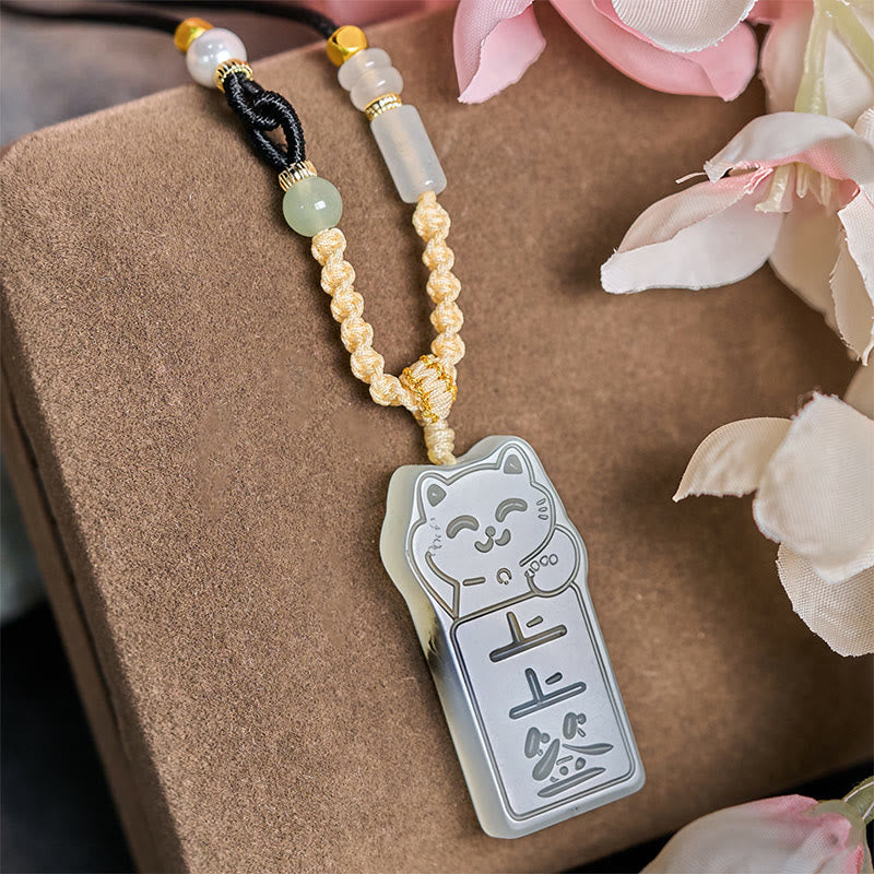 Collana con ciondolo a forma di gatto in giada naturale Xiuyan con pietre Buddha Stones - image 1