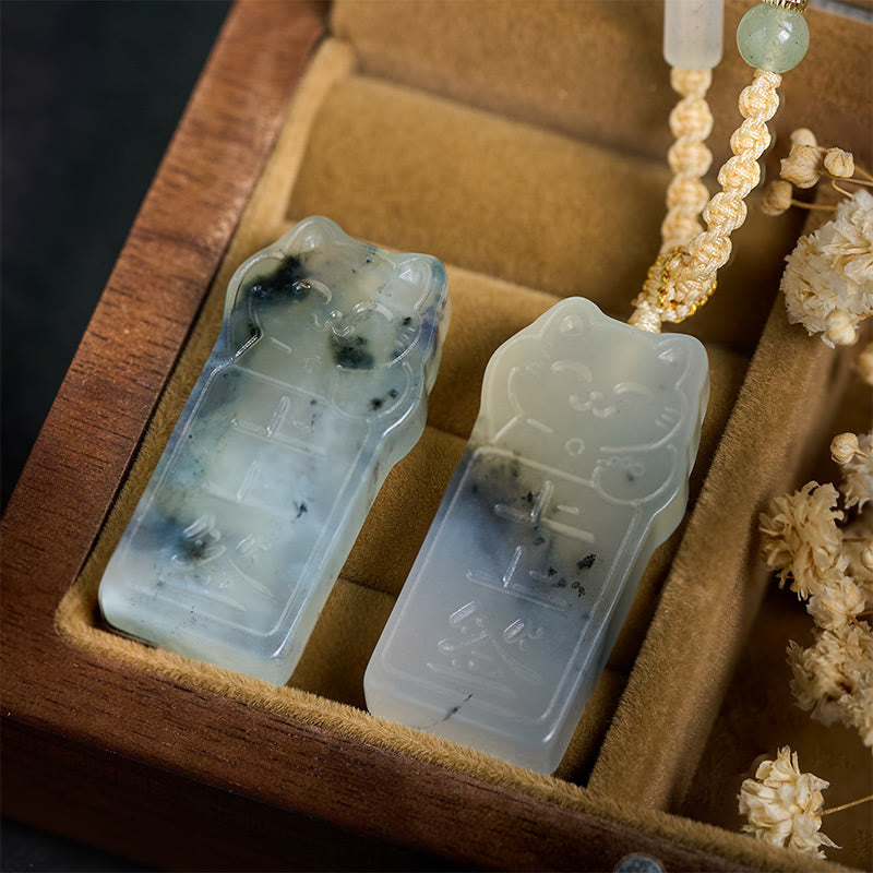 Collana con ciondolo a forma di gatto in giada naturale Xiuyan con pietre Buddha Stones - image 3