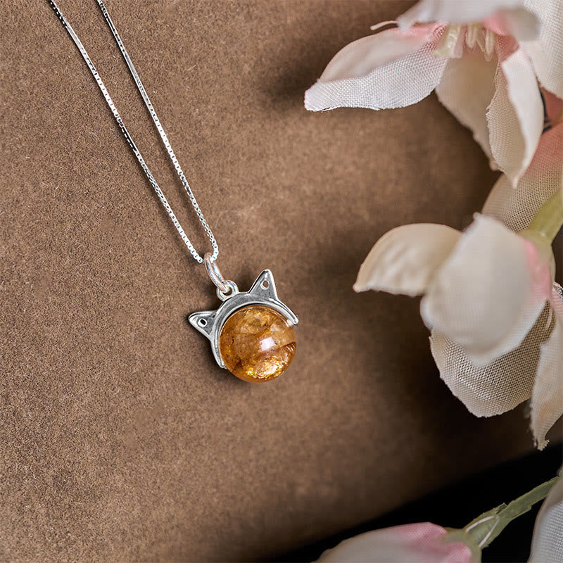 Collana con ciondolo a forma di gatto con inclusione naturale in argento sterling 925, quarzo giallo a forma di fiore di Buddha, pietre Buddha Stones - image 1
