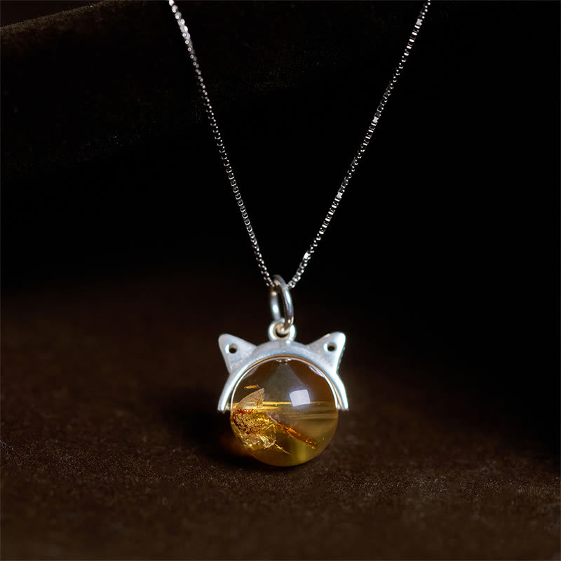 Collana con ciondolo a forma di gatto con citrino naturale in argento sterling 925, motivo: Buddha Stones - Catena da 10 mm + 0,8 mm - image 0