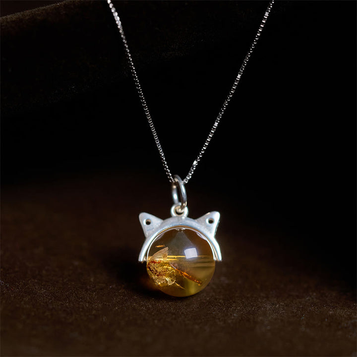 Collana con ciondolo a forma di gatto con citrino naturale in argento sterling 925, motivo: Buddha Stones - Catena da 10 mm + 0,8 mm - image 0