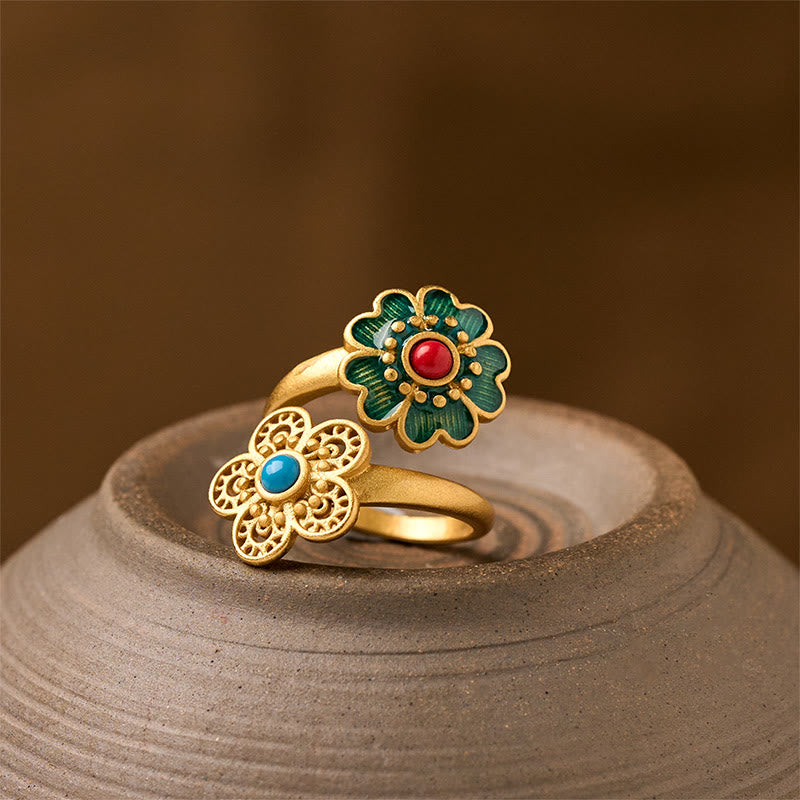 Anello della ricchezza Buddha Stones, doppi petali, turchese gocciolante in rame - Petali di rame - image 0