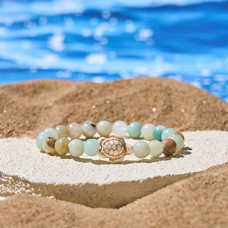 Bracciale della saggezza in pietra naturale con tartaruga marina, turchese e agata screpolata Buddha Stones - Amazzonite (circonferenza del polso: 15-18 cm) - image 12