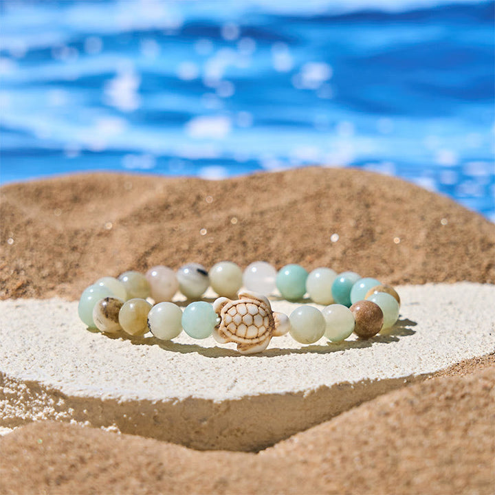 Bracciale della saggezza in pietra naturale con tartaruga marina, turchese e agata screpolata Buddha Stones - Amazzonite (circonferenza del polso: 15-18 cm) - image 12