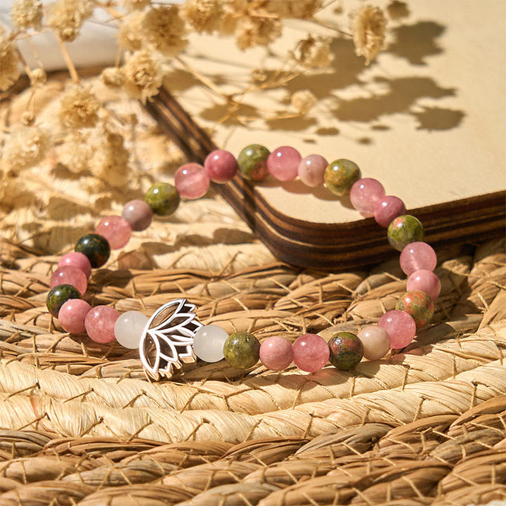 Braccialetto di guarigione con perle di rodonite e unakite, Buddha Stones e loto - image 2