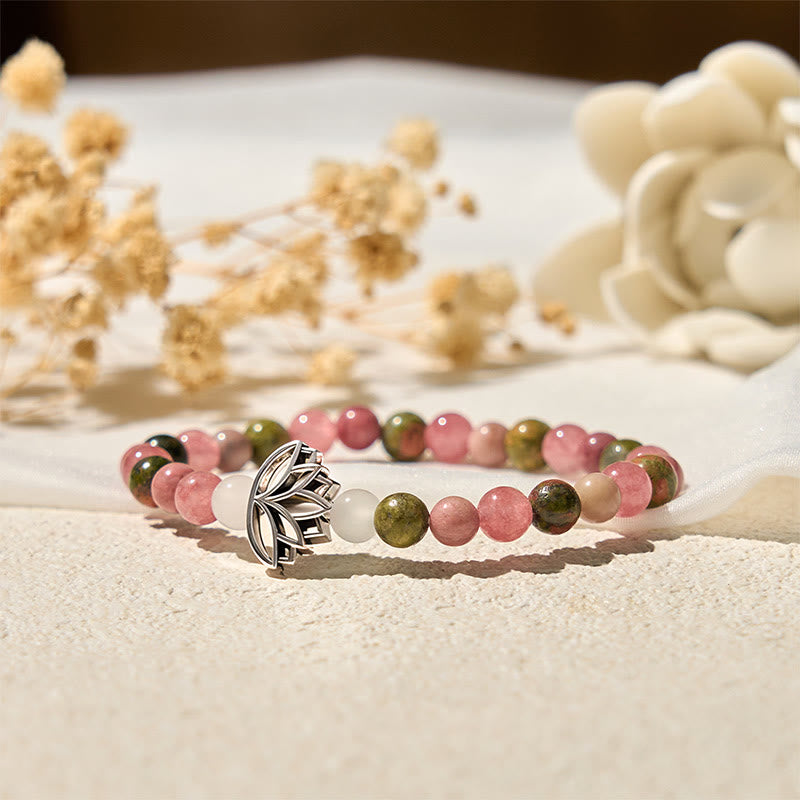 Braccialetto di guarigione con perle di rodonite e unakite, Buddha Stones e loto - image 4