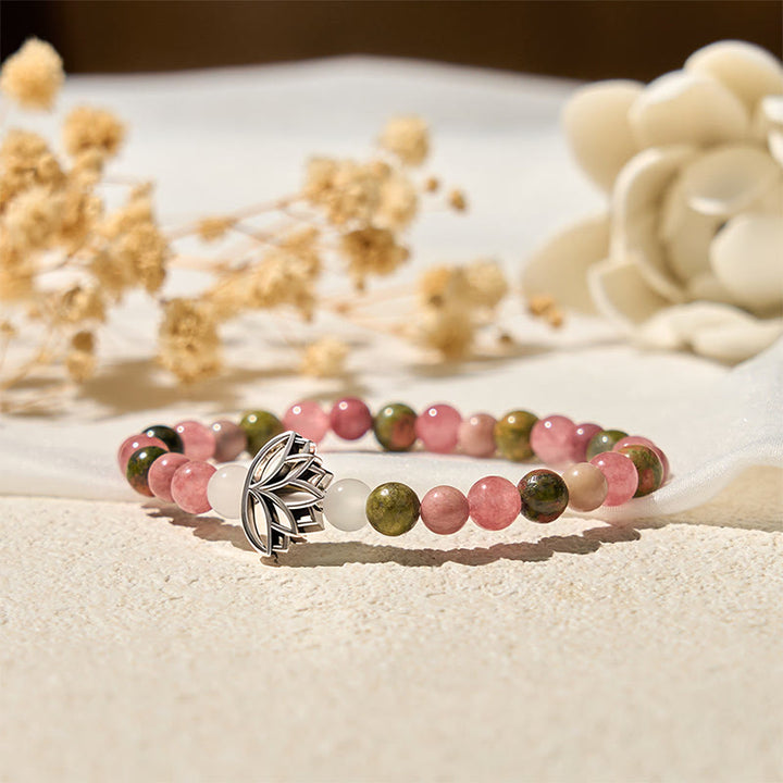 Braccialetto di guarigione con perle di rodonite e unakite, Buddha Stones e loto - image 4