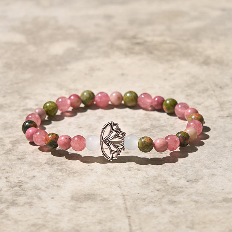 Braccialetto di guarigione con perle di rodonite e unakite, Buddha Stones e loto - image 3