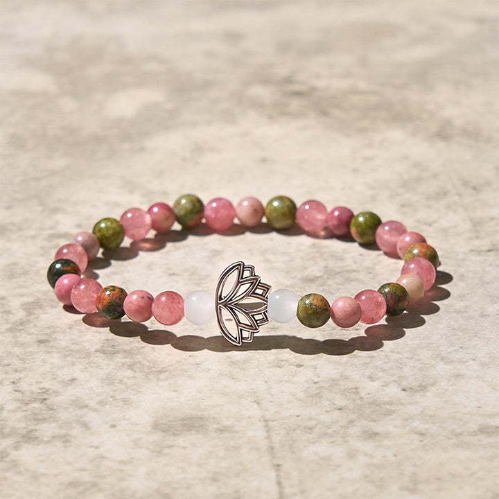 Braccialetto di guarigione con perle di rodonite e unakite, Buddha Stones e loto - image 3