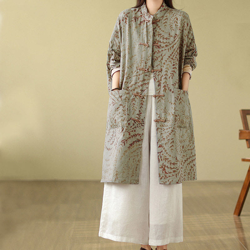 Cappotto da donna con foglie di vite e bottoni a rana, con tasche, in Buddha Stones - image 1