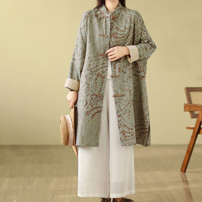 Cappotto da donna con foglie di vite e bottoni a rana, con tasche, in Buddha Stones - DarkSeaGreen - US14, UK/AU18, EU46 (2XL) - image 0