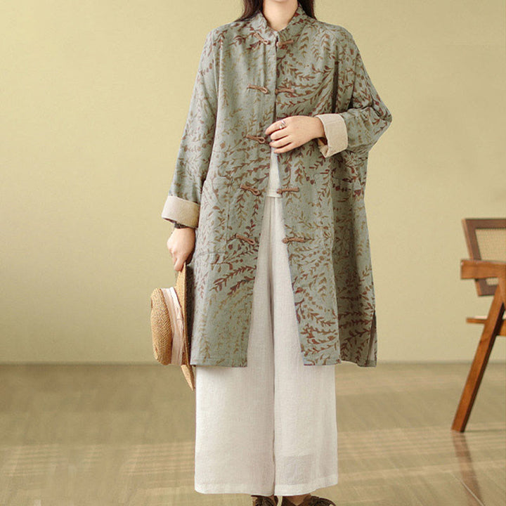 Cappotto da donna con foglie di vite e bottoni a rana, con tasche, in Buddha Stones - DarkSeaGreen - US14, UK/AU18, EU46 (2XL) - image 0
