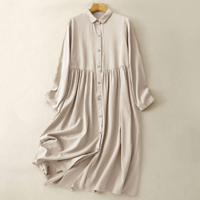 Abito midi in cotone con revers e bottoni in tinta unita, a maniche lunghe, stile Buddha Stones Commute - PaleGoldenrod - US8-10, UK/AU12-14, EU40-42 (2XL) - image 0