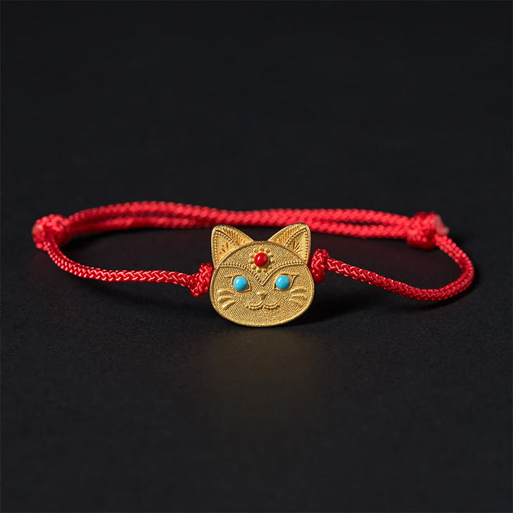 Braccialetto con cordino rosso a forma di gatto in argento sterling 925 Buddha Stones - 14-18 cm - image 0