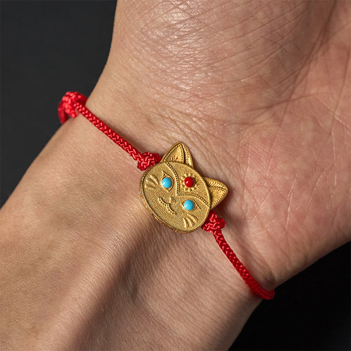Braccialetto con cordino rosso a forma di gatto in argento sterling 925 Buddha Stones - image 4