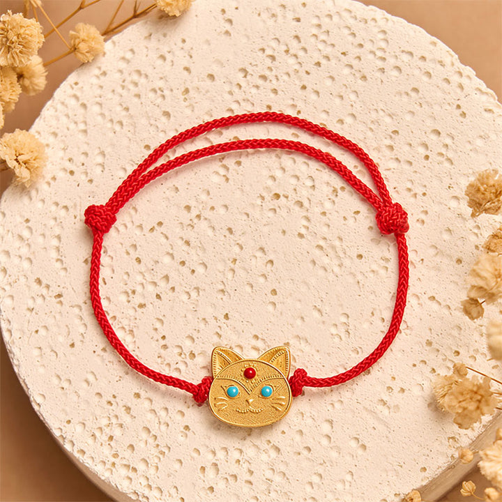 Braccialetto con cordino rosso a forma di gatto in argento sterling 925 Buddha Stones - image 1