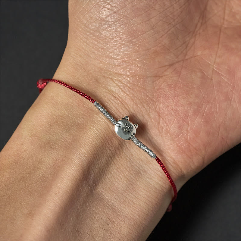 Bracciale intrecciato in corda rossa con simpatico gatto in argento sterling 925 Buddha Stones - image 10