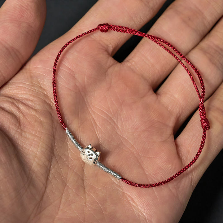 Bracciale intrecciato in corda rossa con simpatico gatto in argento sterling 925 Buddha Stones - image 9