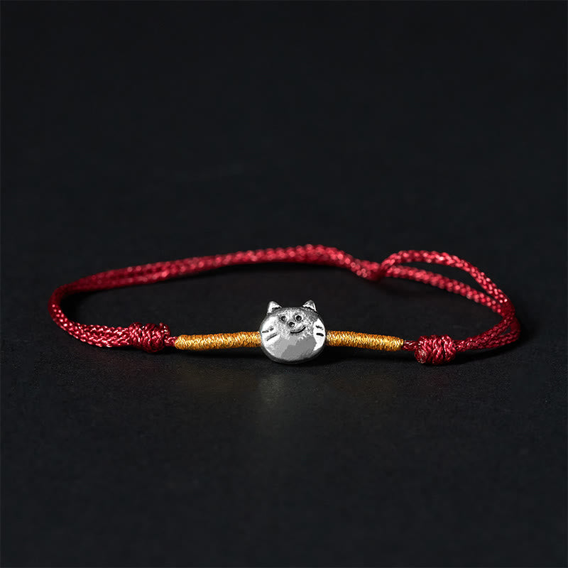Bracciale intrecciato in corda rossa con simpatico gatto in argento sterling 925 Buddha Stones - Cordino rosso dorato (circonferenza polso 14-18 cm) - image 0