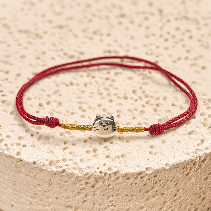 Bracciale intrecciato in corda rossa con simpatico gatto in argento sterling 925 Buddha Stones - image 1