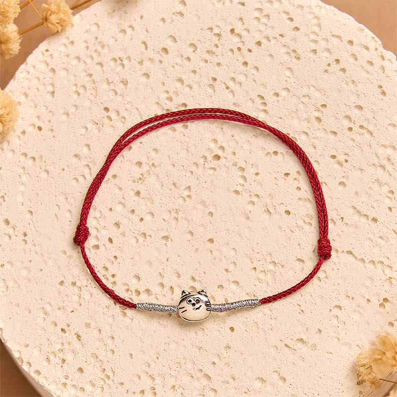 Bracciale intrecciato in corda rossa con simpatico gatto in argento sterling 925 Buddha Stones - Cordino rosso argento (circonferenza polso 14-18 cm) - image 8