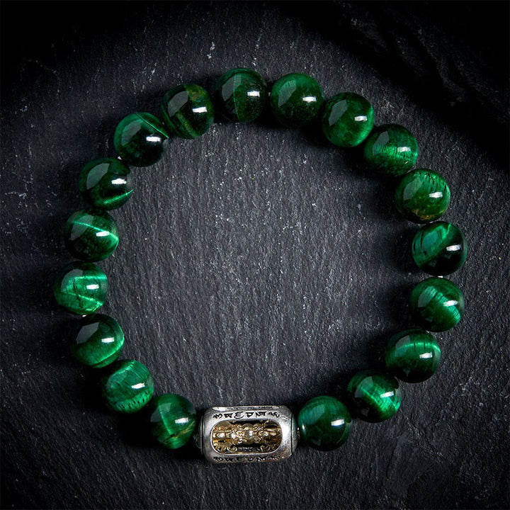Bracciale Buddha Stones Natural Green Tiger Eye Om Mani Padme Hum Positive Strength - image 1