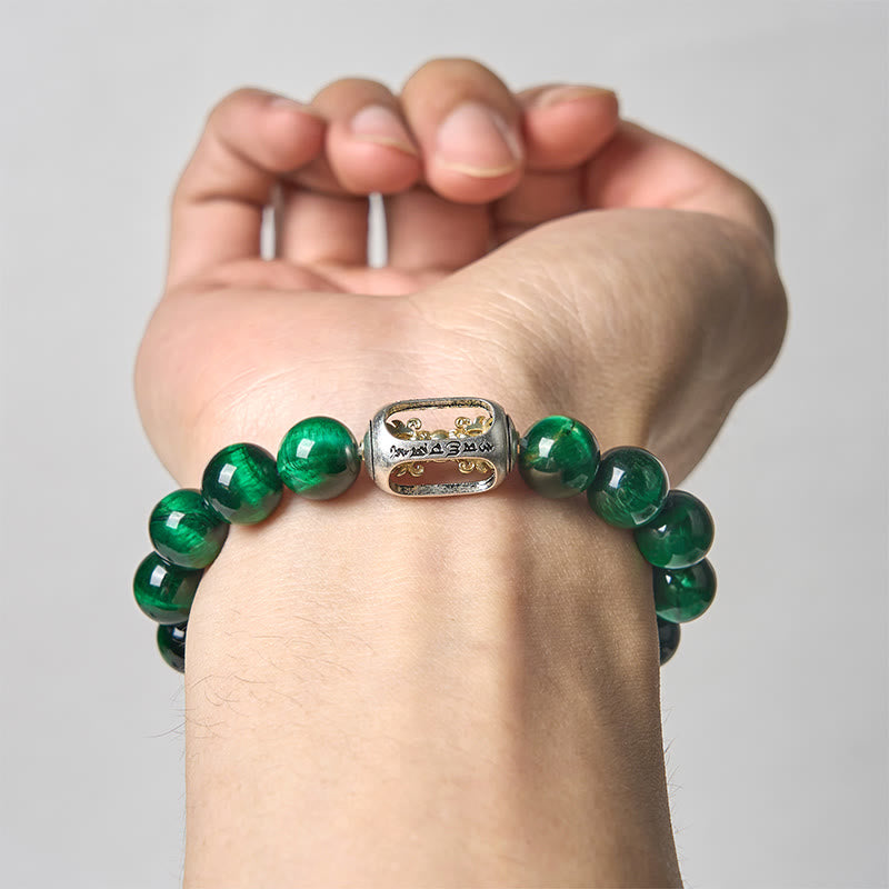 Bracciale Buddha Stones Natural Green Tiger Eye Om Mani Padme Hum Positive Strength - image 3